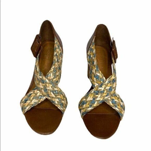 Schutz Woven Leather Block Heel Sandals 8 - Picture 2 of 6